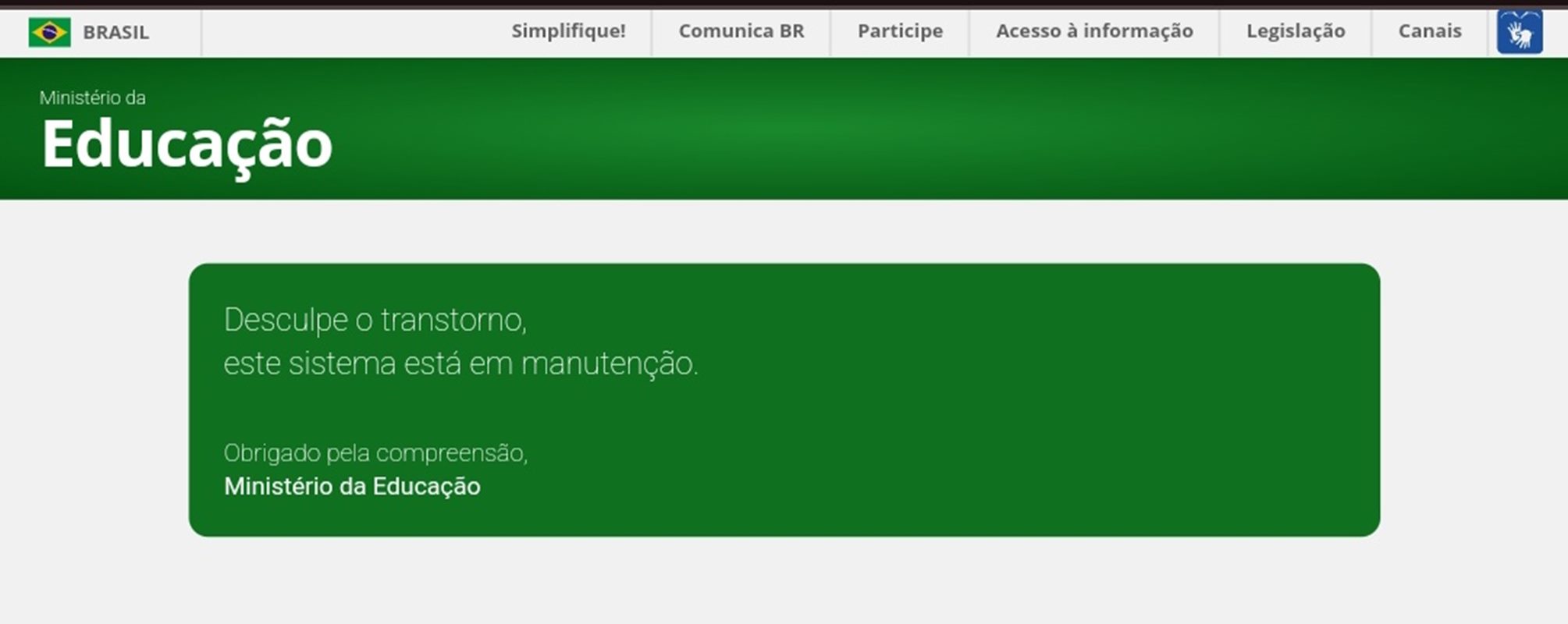 Imagem colorida de site do MEC apresentando instabilidade - Metrópoles