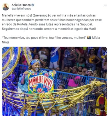 Post de Anielle Franco no Twitter emocionada com desfile da mãe, Marinete Silva, na Portela