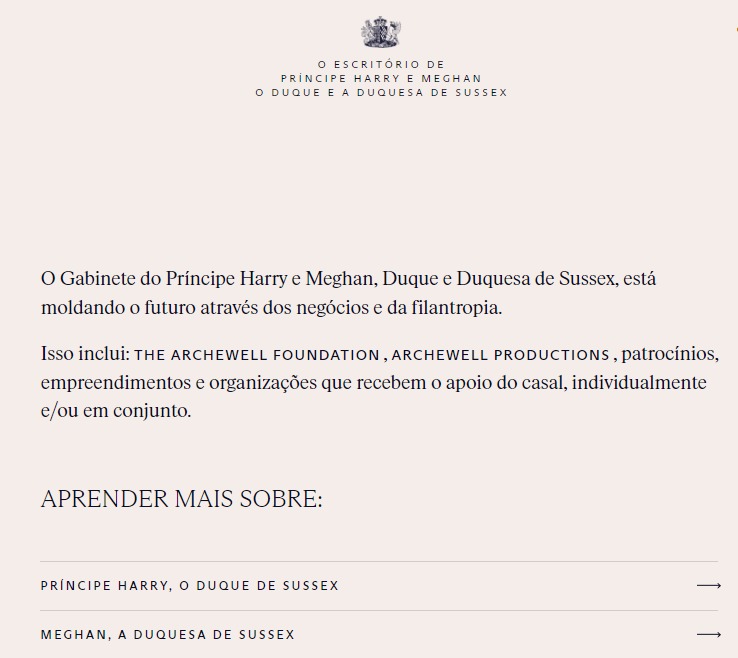 print do novo site de Harry e Meghan