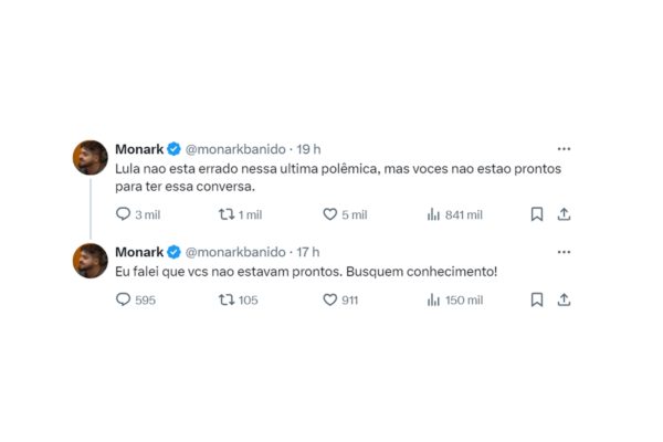 Imagem colorida mostra tweet de monark em defesa de Lula - Metrópoles