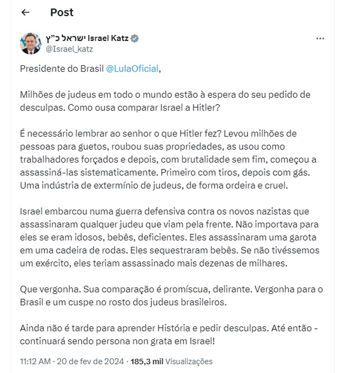 Post de chanceler de Israel criticando Lula