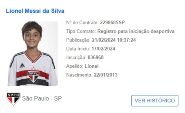 imagem mostra inscrição de atleta chamado Lionel Messi da Silva pelo SPFC