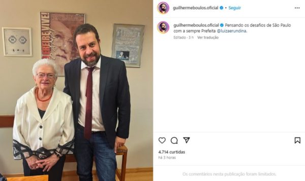 Post de Boulos ao lado de Erundina - Metrópoles