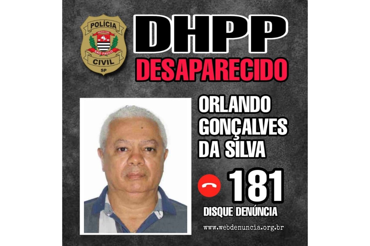 Imagem colorida com foto de homem de cabelos brancos com o dizer "desaparecido" - Metrópoles