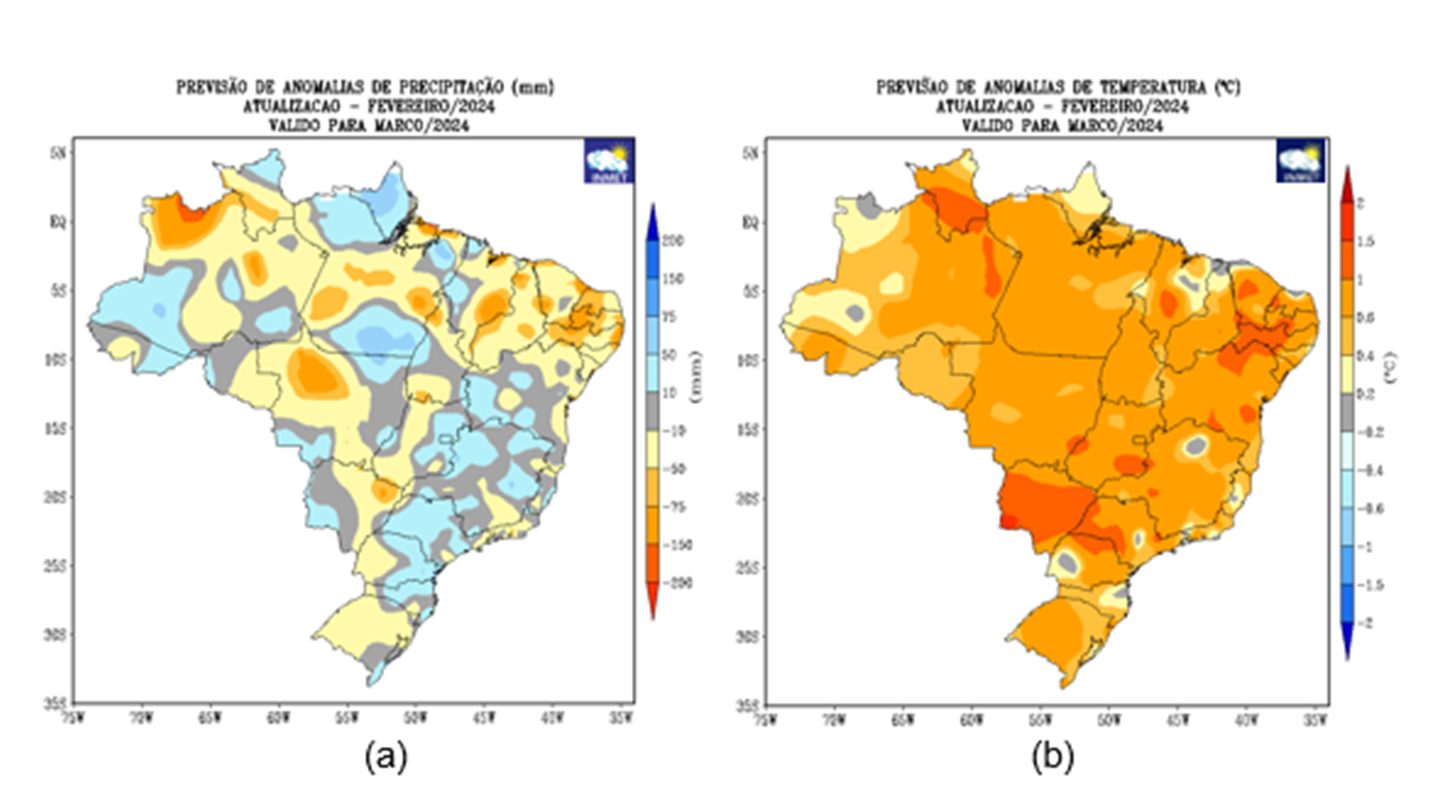 Imagem colorida da previsão para a incidência de chuva e da temperatura do mês de março - Metrópoles