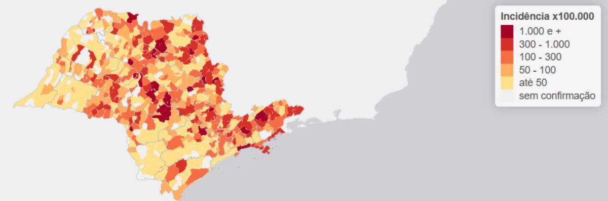 Imagem de mapa de São Paulo com cidades listadas por taxa de incidência de dengue - Metrópoles