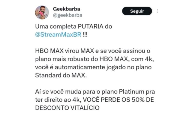 Imagem de tela de um post no antigo twitter denunciando a mudança nos planos da antiga HBO Max