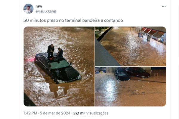 Caaptura de tela mostra postagem de internauta reclamando do alagamento no centro da cidade. 