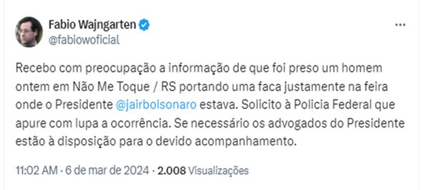 Imagem colorida de manifestação de Fabio Wajngarten sobre homem preso em feira com faca