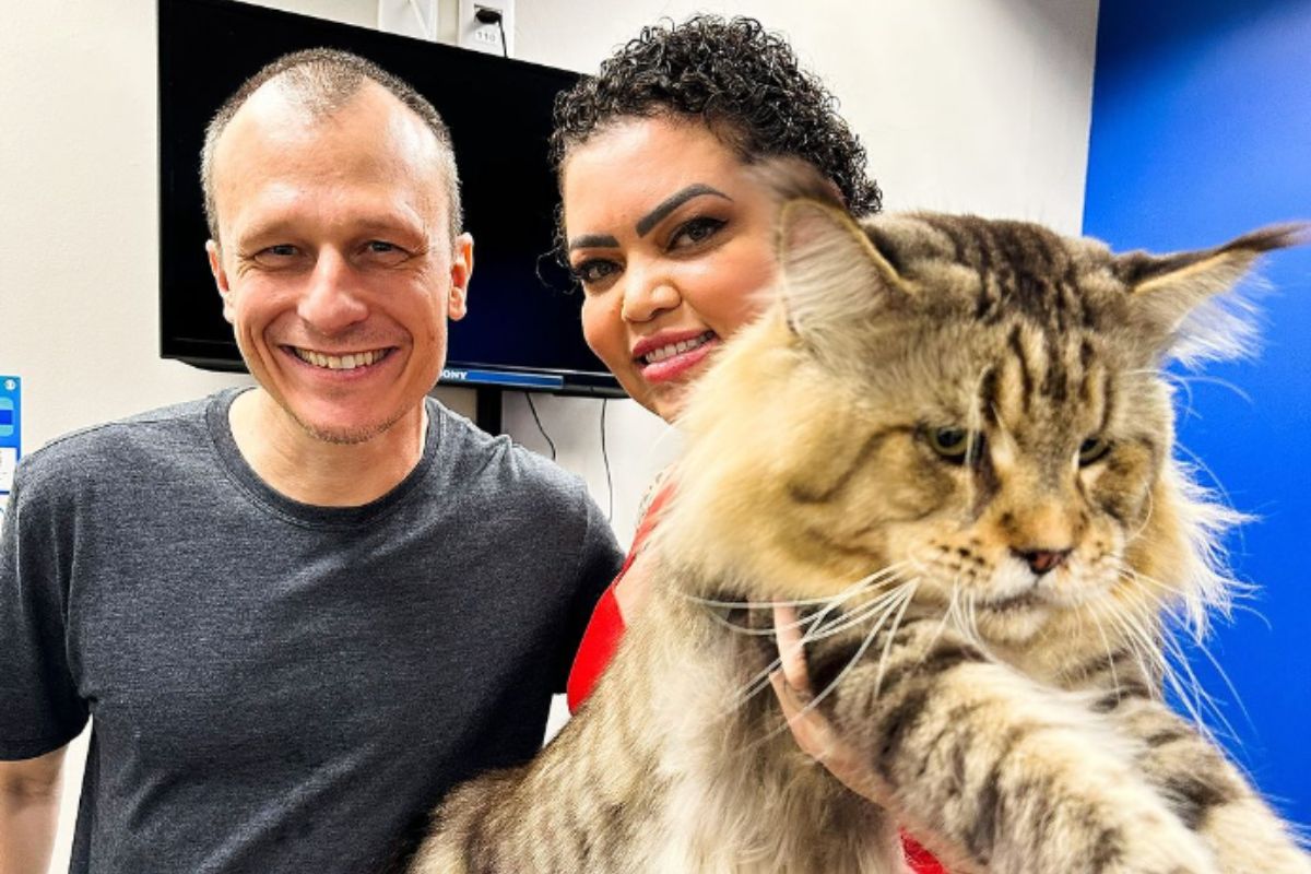 Foto colorida de uma mulher e um gato - Metrópoles