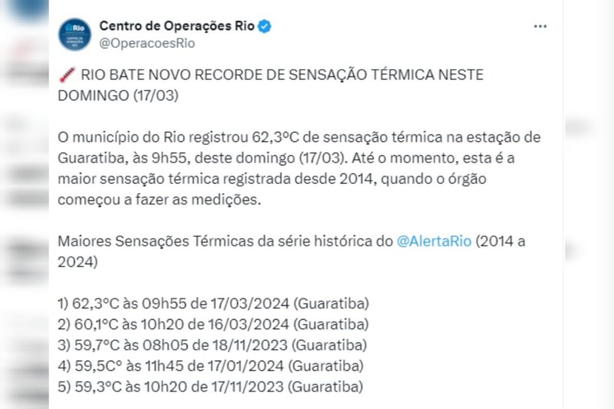 Dados no X sobre a sensação térmica no Rio de Janeiro