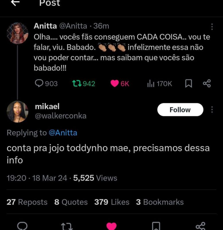 Post publicado por Anitta no Twitter