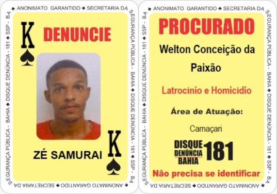 Imagem colorida da carta de baralho de Welton Conceição da Paixão, conhecido como “Zé Samurai", o novo Rei de Espadas do "Baralho do Crime" da SSP-BA - Metrópoles