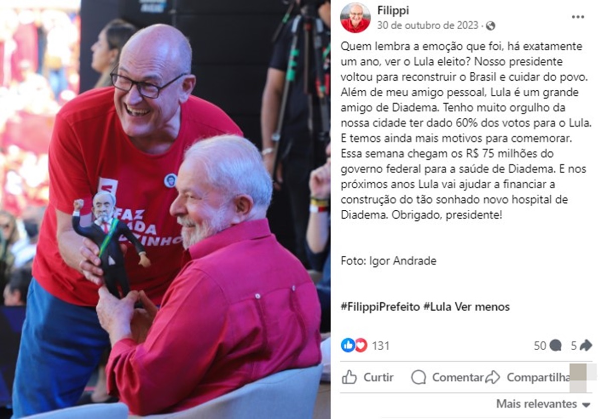 Foto colorida do prefeito de Diadema Filippe no Facebook - Metrópoles