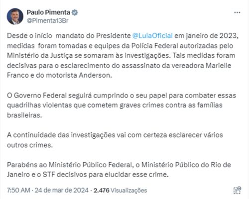 Imagem colorida de post de Paulo Pimenta no Twitter sobre Marielle Franco