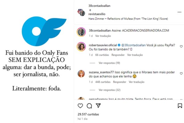 Imagem colorida de post de Allan dos Santos sobre seu Onlyfans