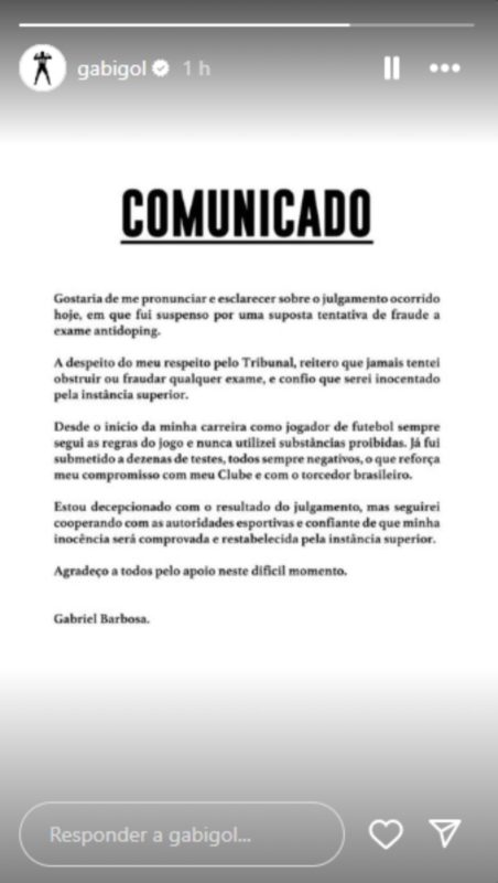 Comunicado de Gabigol sobre doping