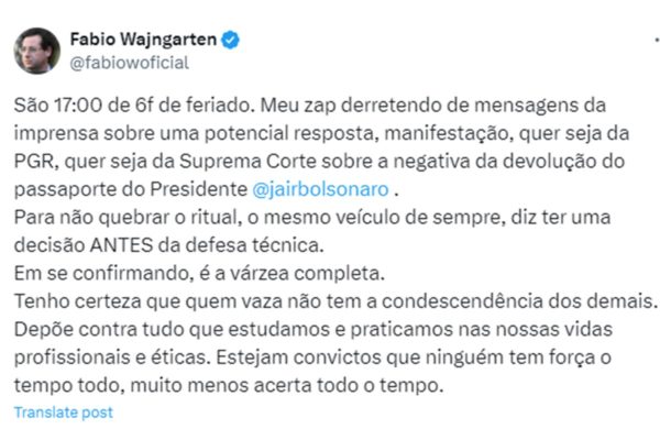 Foto colorida de publicação de Fabio Wajngarten sobre passaporte de Jair Bolsonaro - Metrópoles