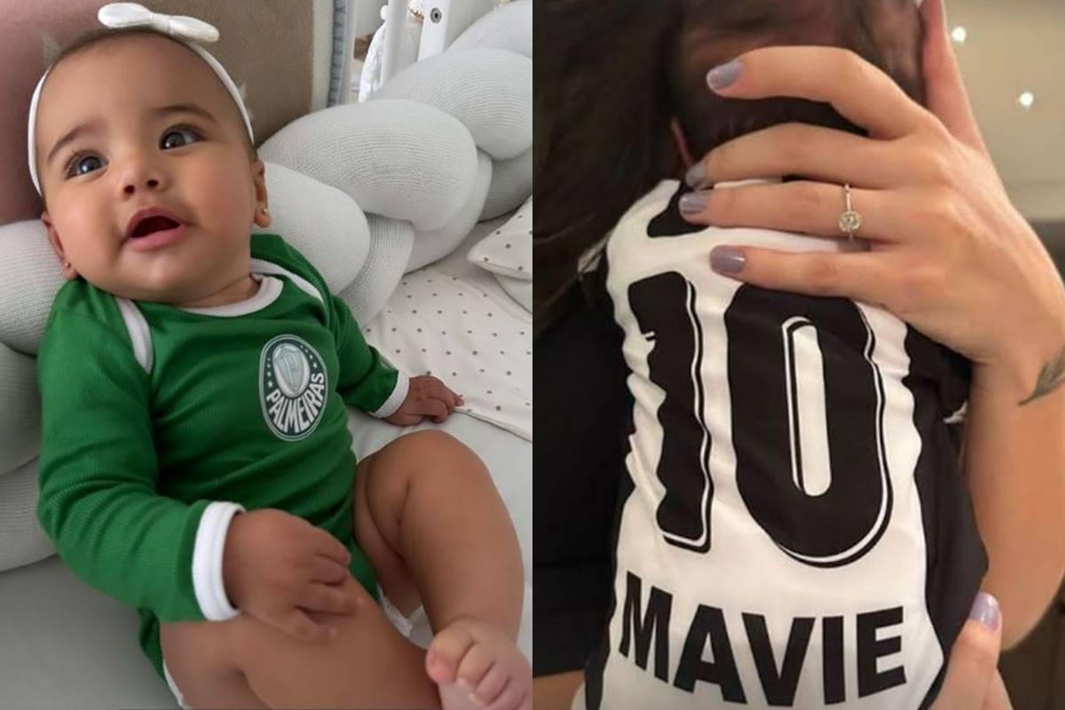 foto colorida de bebê com body do palmeiras e outra com blusa dos santos - metrópoles