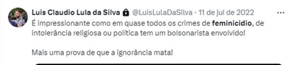 Postagem de Luis Claudio Lula sobre feminicídio