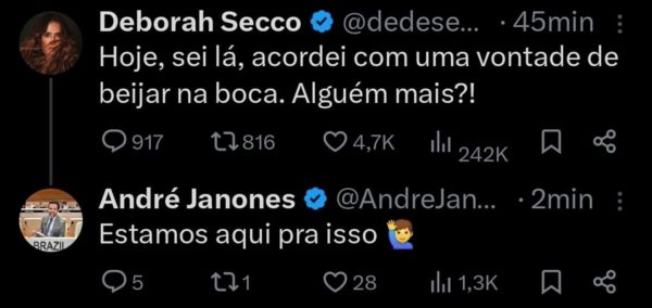 Janones comenta postagem de Deborah Secco no Twitter