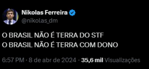 Imagem colorida de tweet de Nikolas Ferreira - Metrópoles