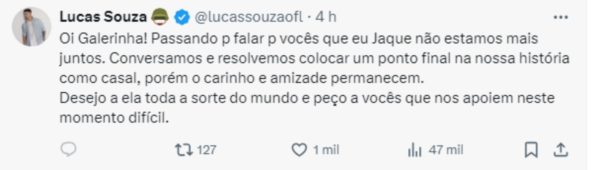 Publicação de Lucas Souza no X