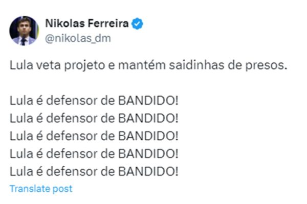 Foto colorida de publicação de Nikolas Ferreira contra o presidente Lula - Metrópoles