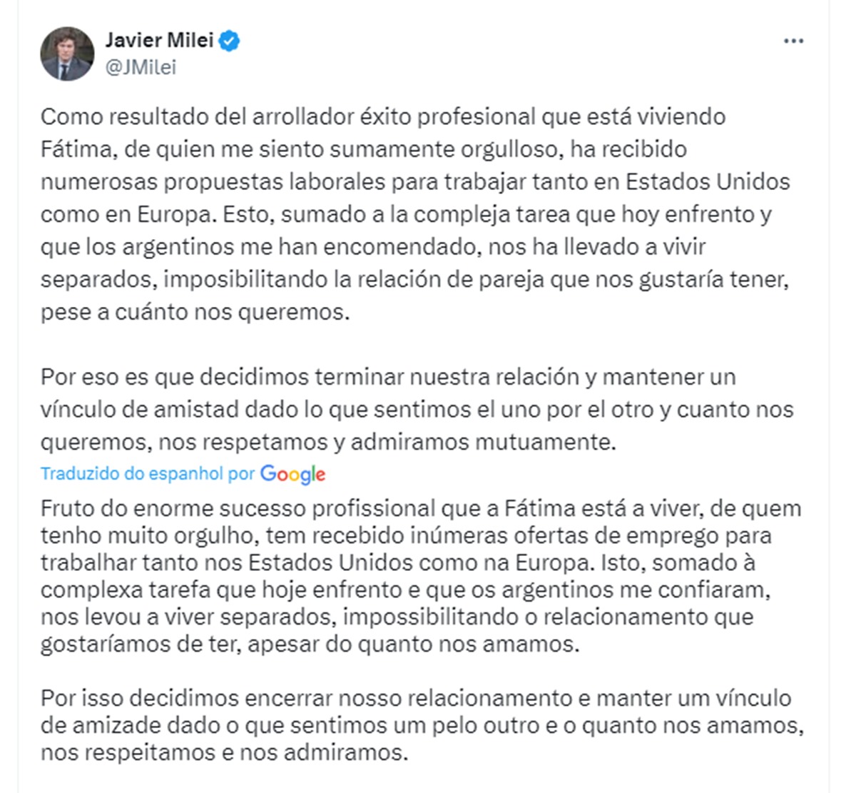 Javier Milei termina relacionamento com Fátima Flórez