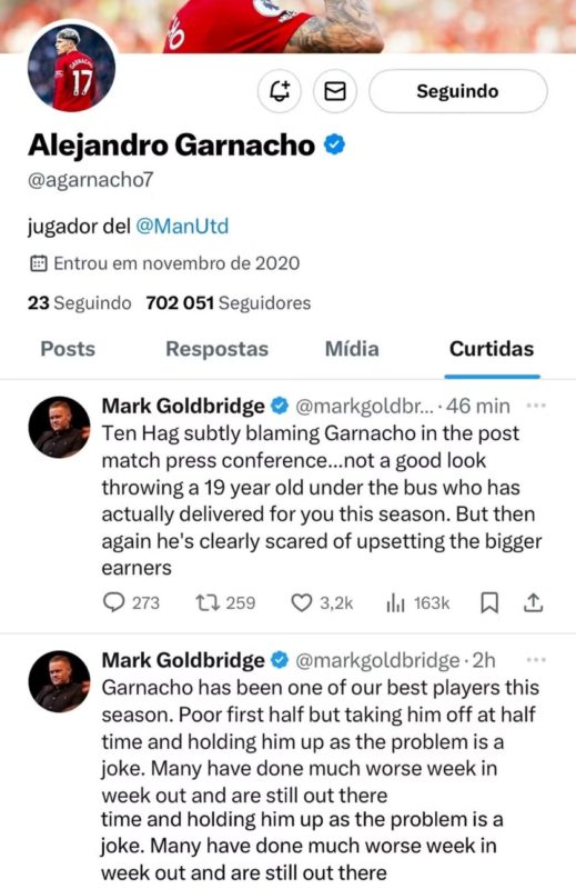 Print de curtidas de Garnacho em posts criticando Ten Hag- Metrópoles