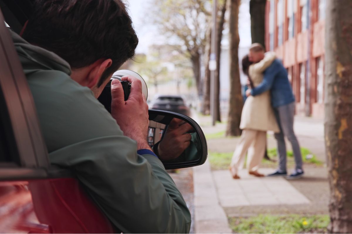 Foto colorida de um homem tirando foto de um casal - Metrópoles