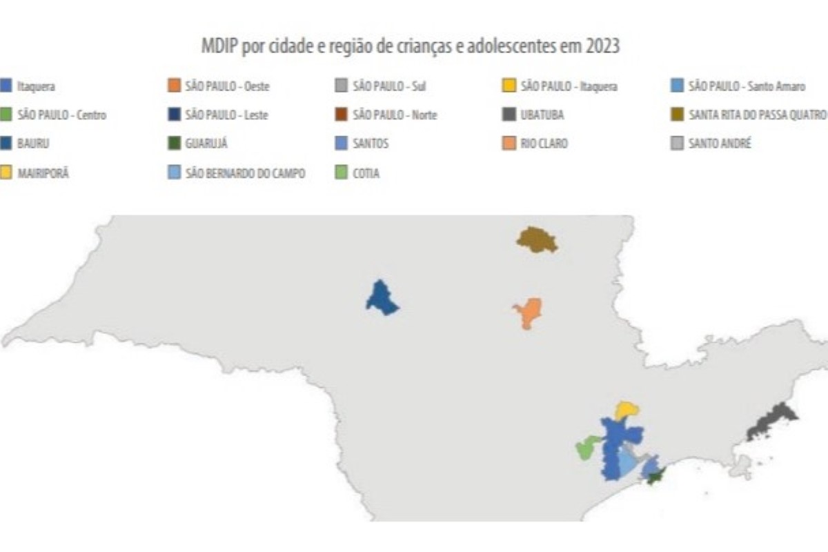 Imagem colorida de mapa com legendas indicando onde aconteceram as mortes de crianças e adolescentes em SP. Metrópoles