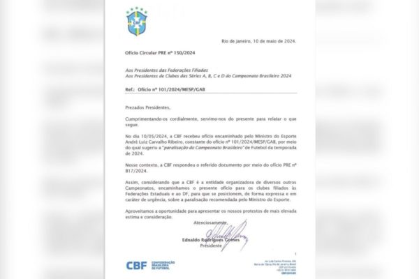 Imagem colorida de documento da CBF - Metrópoles