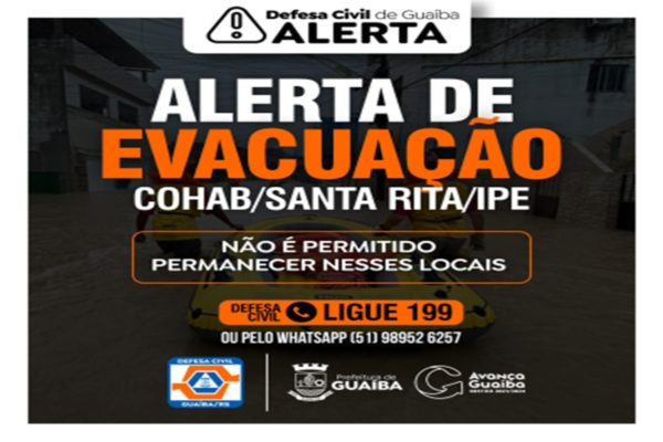 A Prefeitura de Guaíba determinou nessa terça-feira (14/5), a evacuação imediata dos moradores dos bairros Cohab, Santa Rita e Ipê/Metrópoles