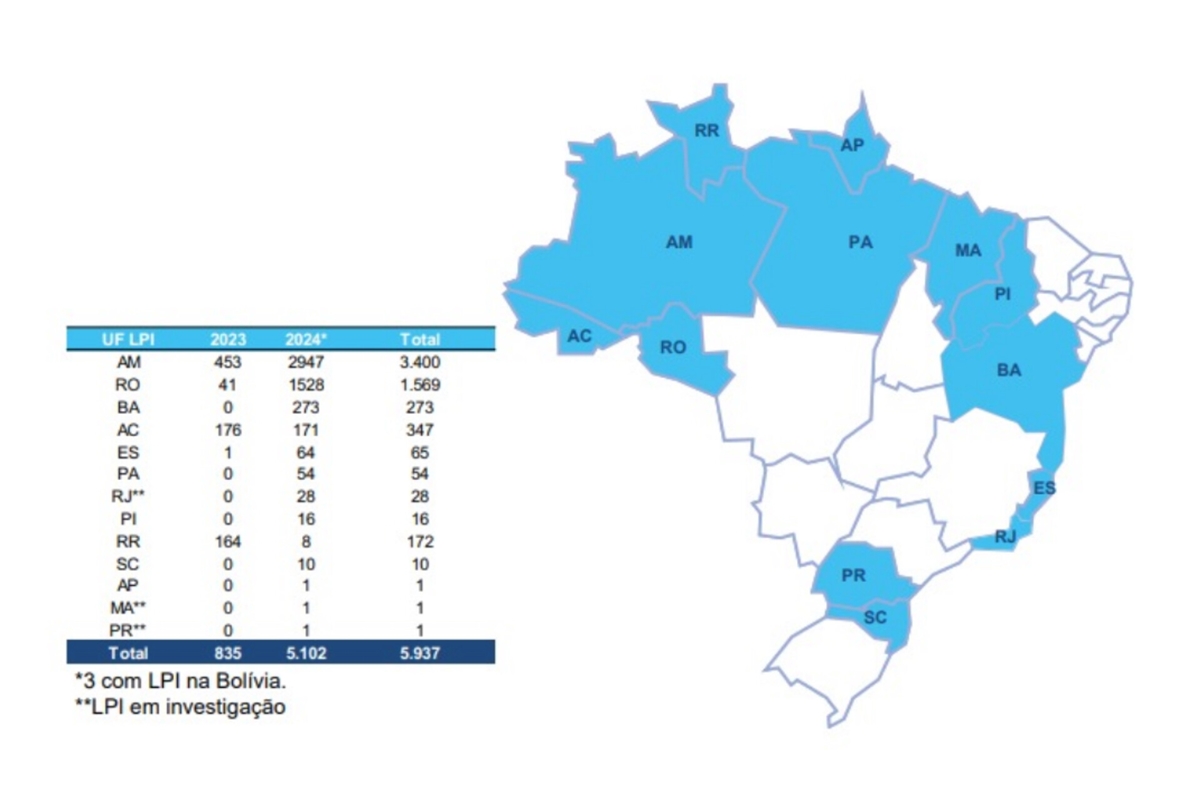 Ilustração apresenta mapa do Brasil com alguns estados destacados onde foram confirmados casos de oropouche