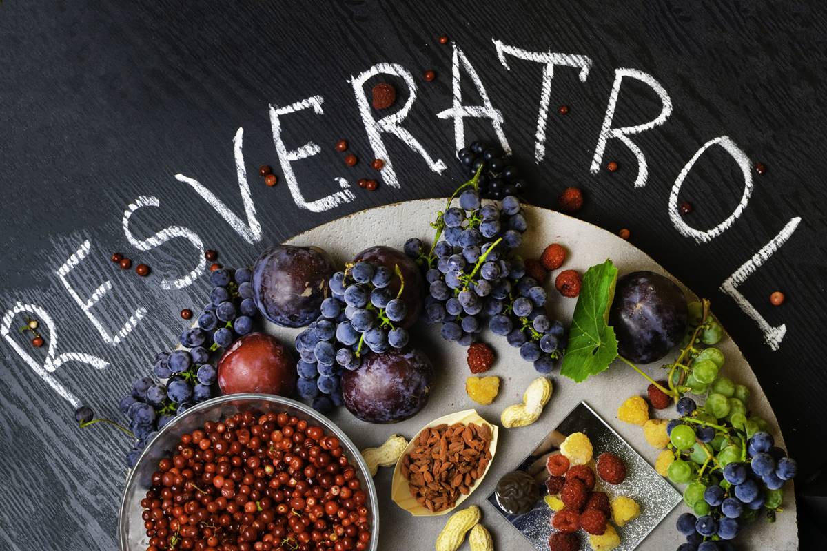 Foto colorida de mesa com a palavra resveratrol escrita e uma variedade de frutas em bowls - Metrópoles