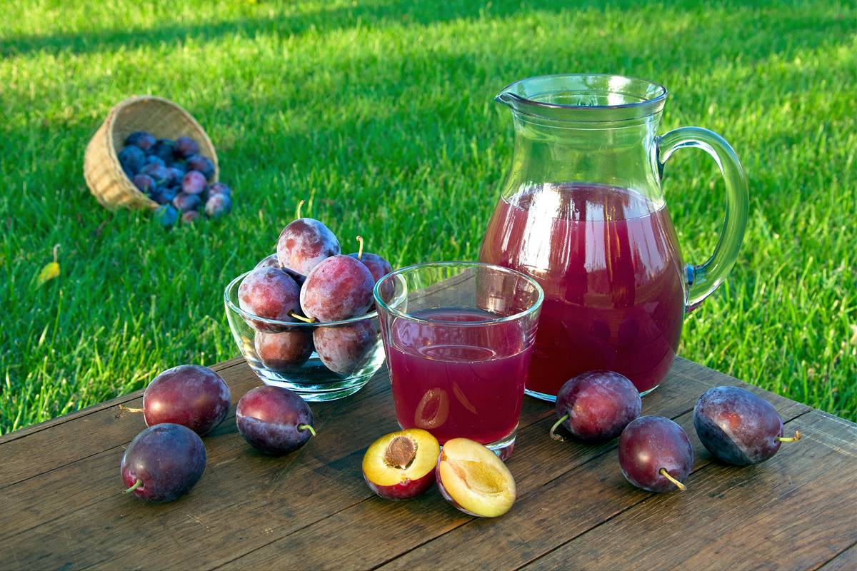 Foto colorida - Jarra e copo com suco de ameixa, bebida considerada boa para combater a constipação 