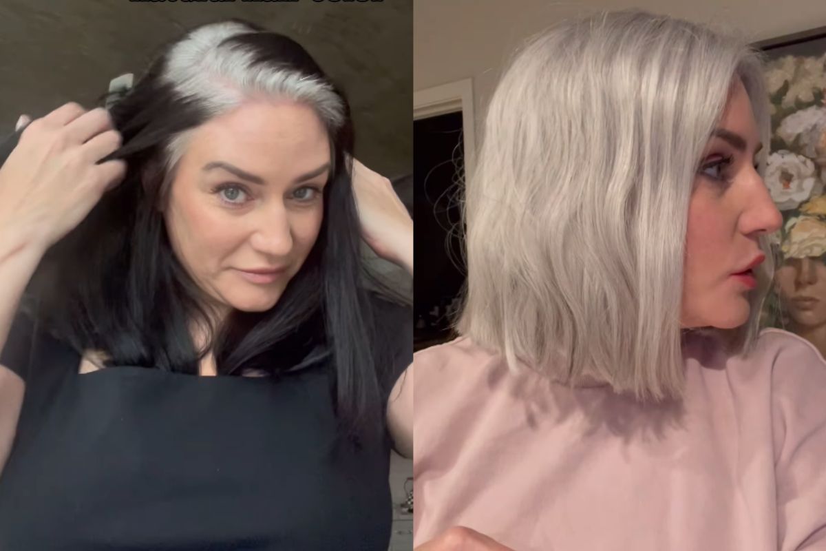 Foto colorida de uma mulher com cabelo branco - Metrópoles