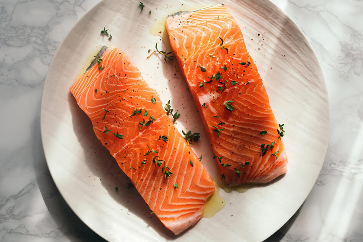 Doto colorida - Dois pedaços de salmão cru em um prato branco