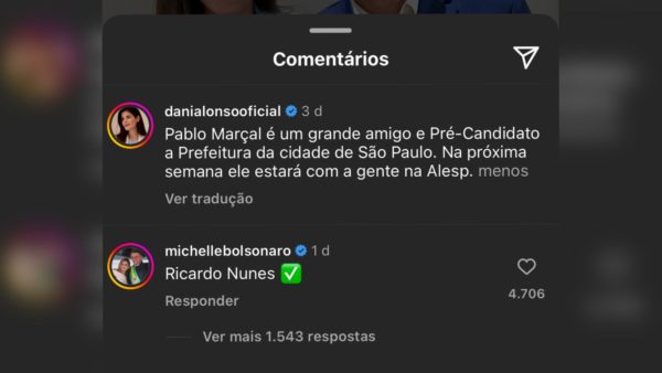 Michelle Bolsonaro manifesta apoio a candidatura de Nunes em post de Pablo Marçal