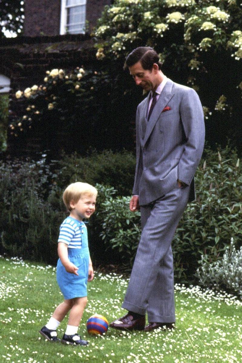 Foto colorida - William criança ao lado de Charles jovem, que tem uma bolo aos pés