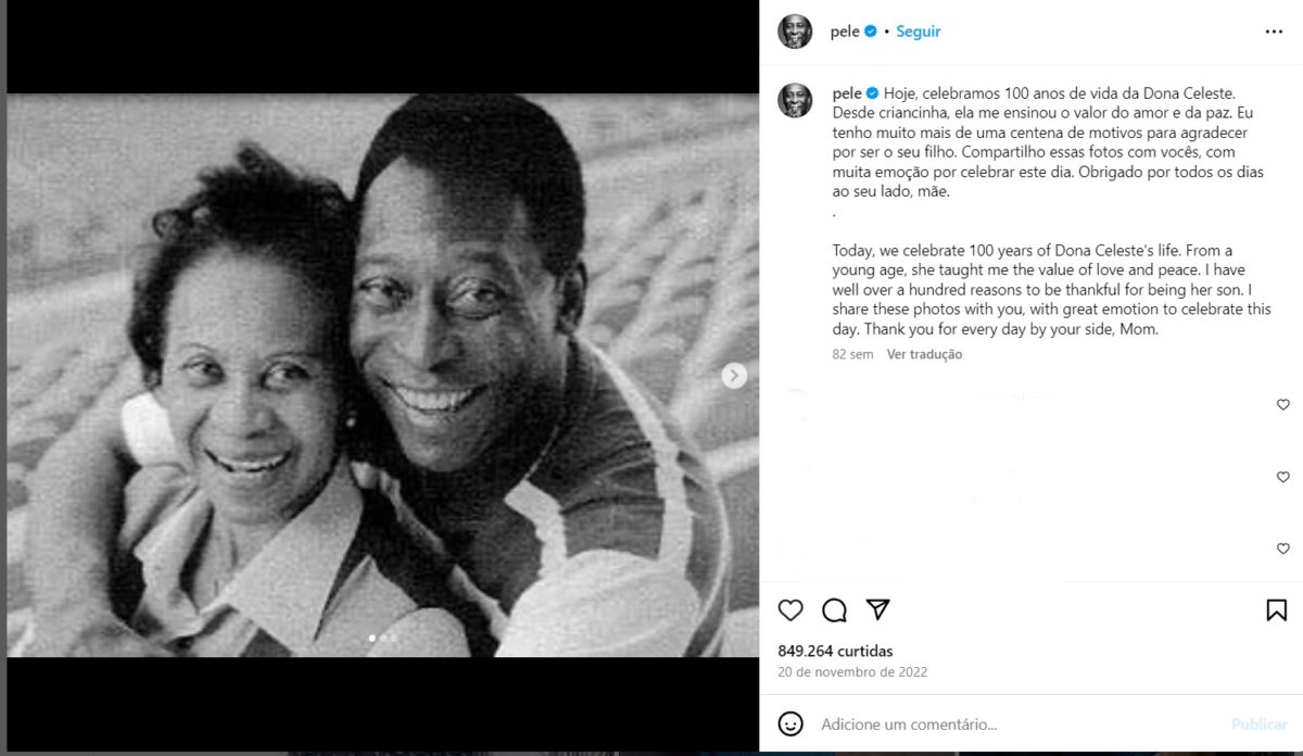Publicação de Pelé para sua mãe - Metrópoles