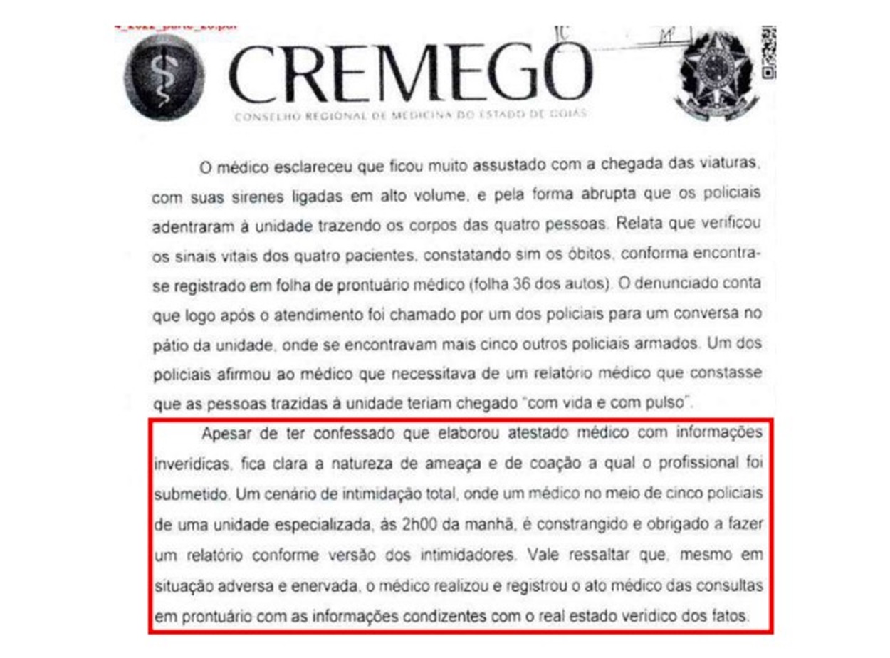 Fac-simile de documento do Cremego sobre médicoq ue fez laudo falso para PMs em Rio Verde Goiás - Metrópoles
