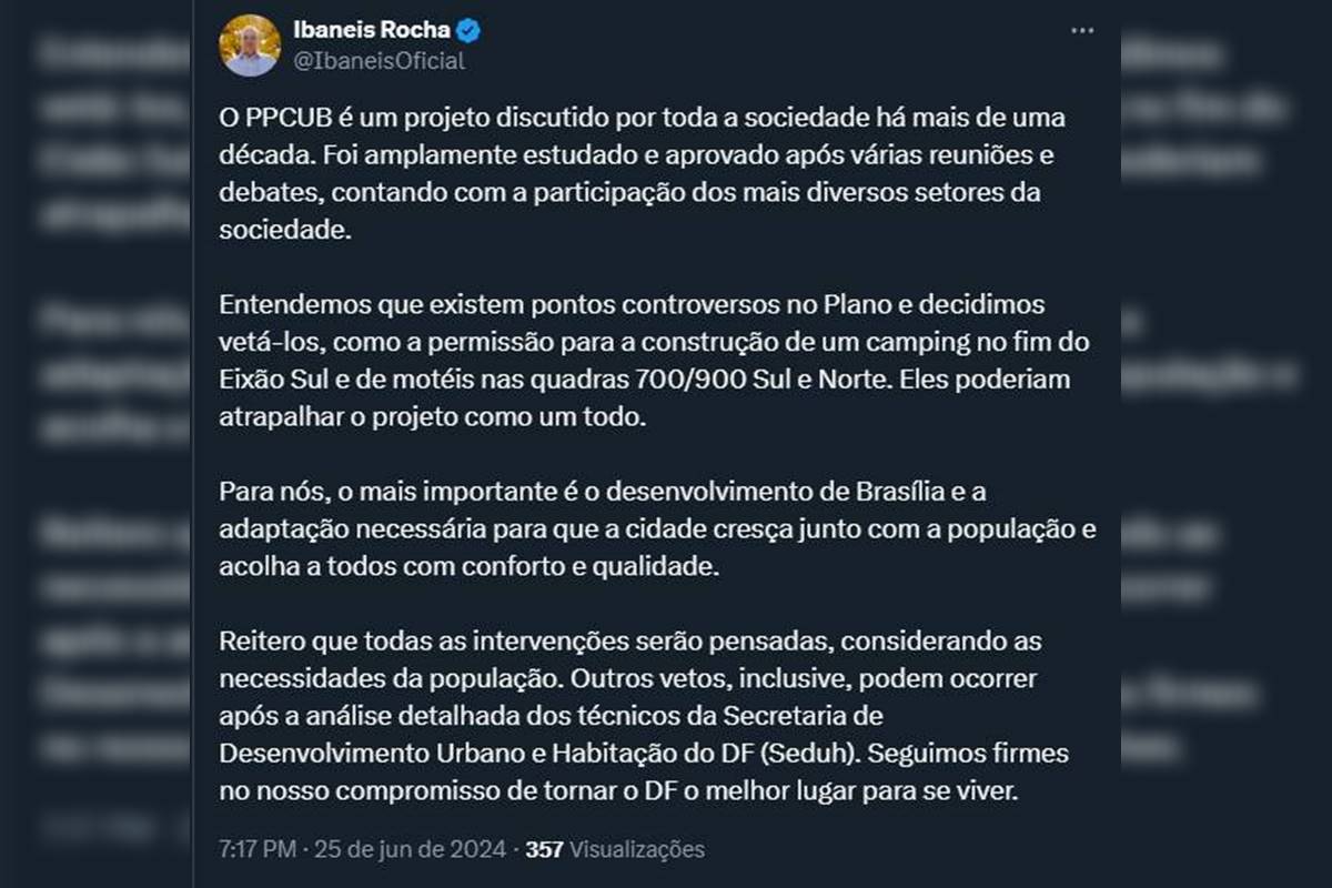 Ibaneis Rocha tuitou sobre os vetos que fará ao PPCub - Metrópoles