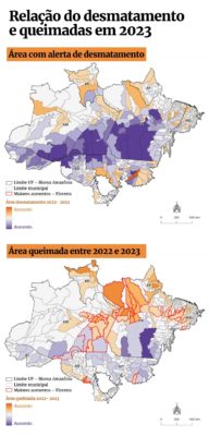 Imagem colorida de gráficos em que mostra a relação do desmatamento e queimadas na Amazônia - Metrópoles