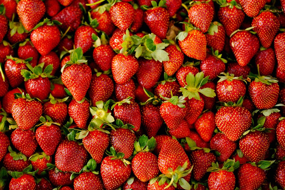 Foto de stock de Muitos morangos frescos vendidos no mercado