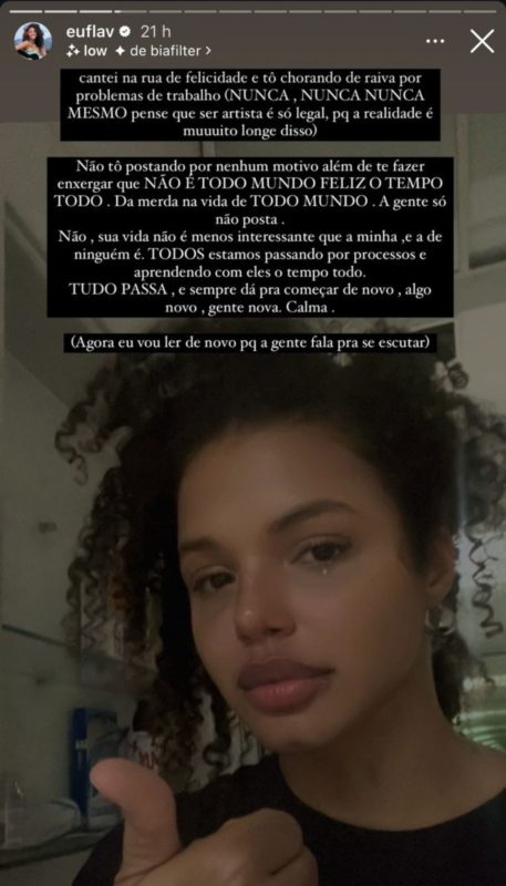 Story de Flávia Barros, atriz de Renascer