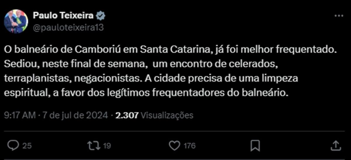 Publicação de Paulo Teixeira, ministro de Lula, sobre Balneário Camboriú