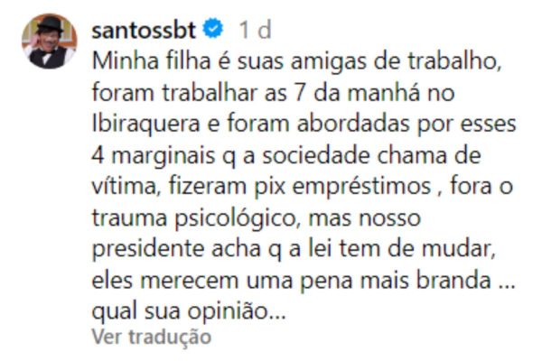 Imagem de uma publicação no Instagram do humorista Santos