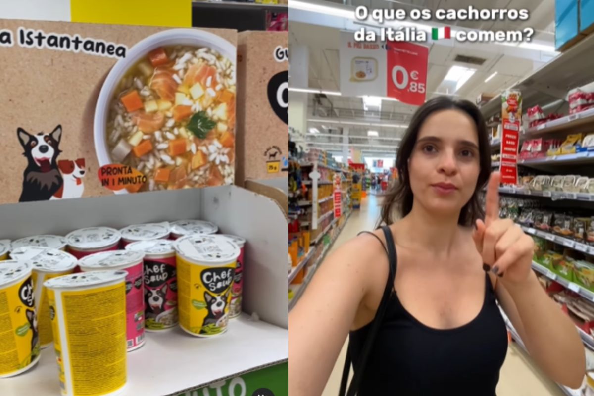 Imagem colorida de sopas caninas e influencer no corredor de mercado